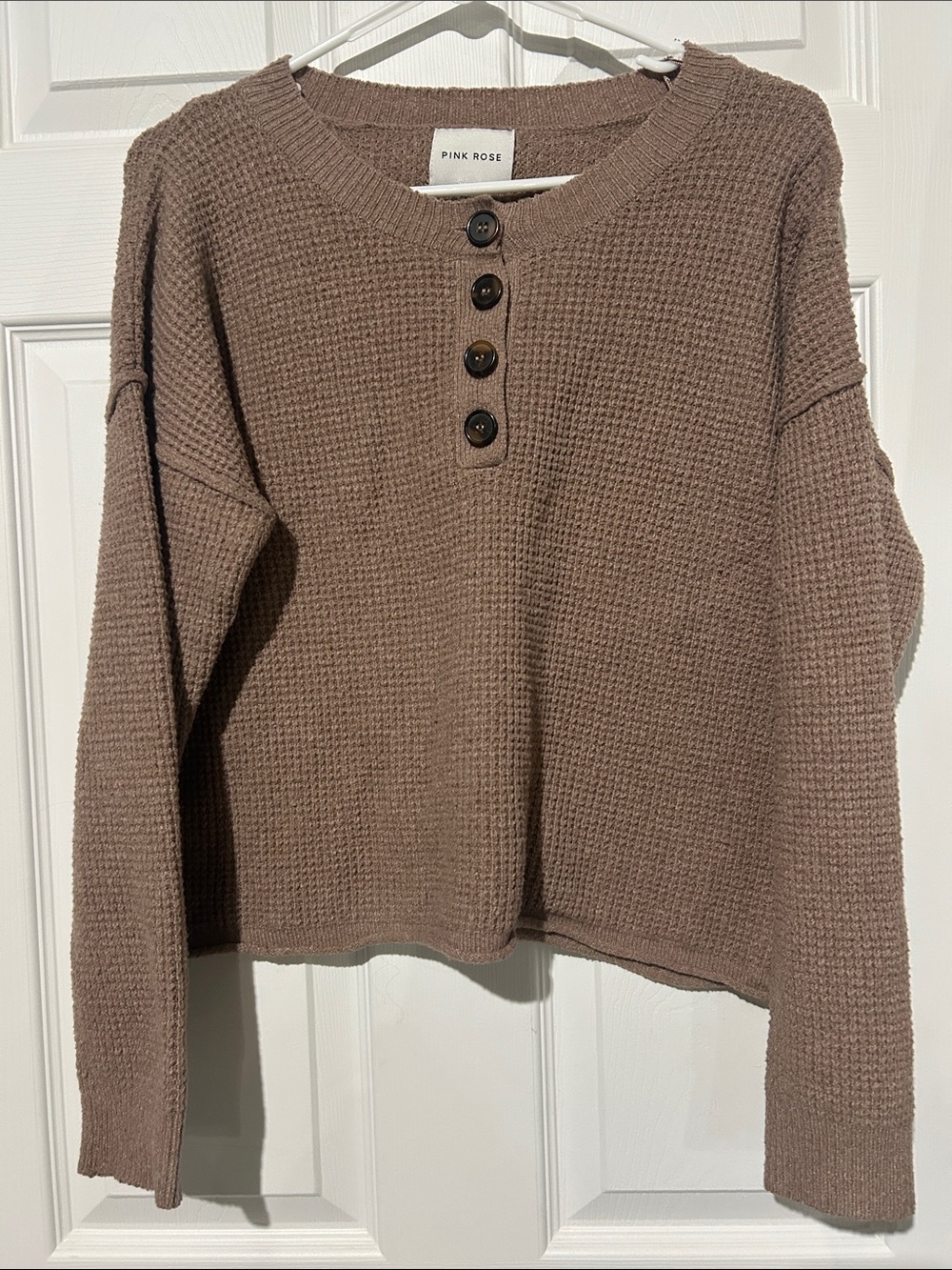Pink Rose Large women’s Waffle-Knit Henley Sweater in Taupe Brown cozy